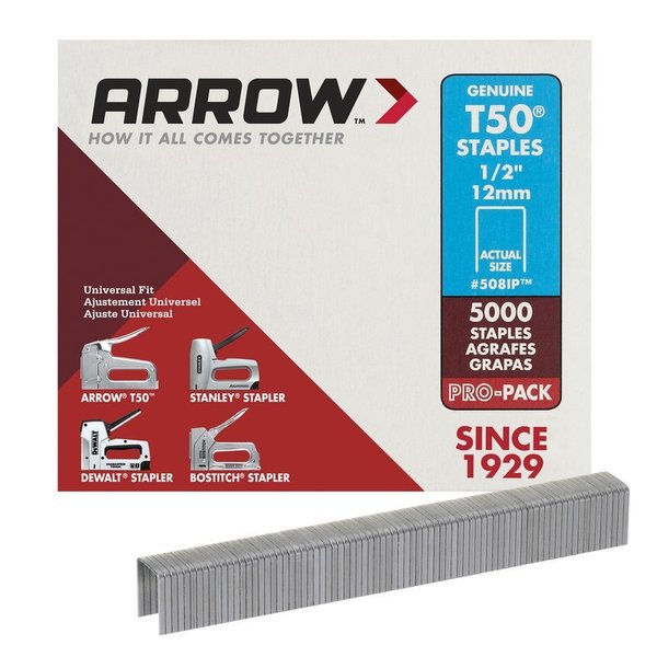 Arrow Fastener Heavy Duty Staples, 18 ga, Flat Crown, 1/2 in Leg L, Steel 508IP